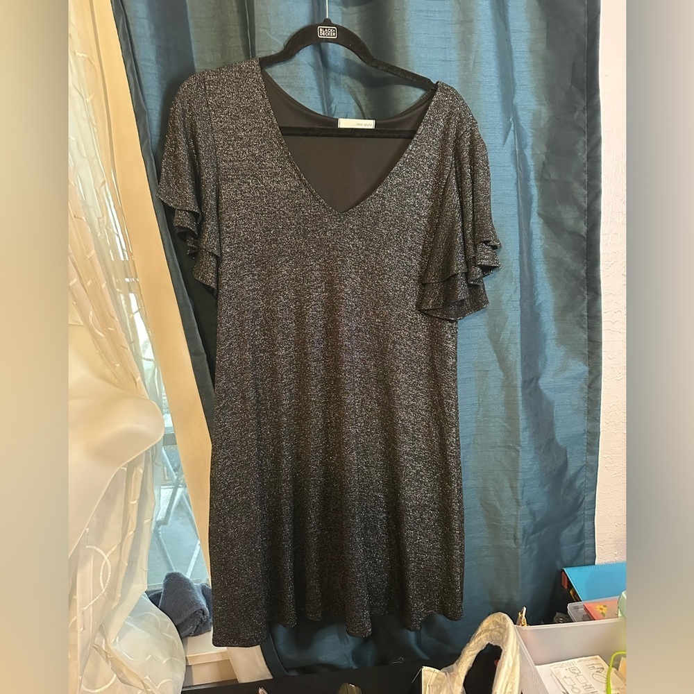 Dear Apple Black and Silver A-Line Dress with Flutter Sleeves.